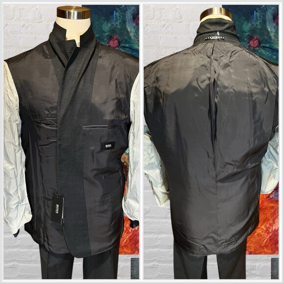 New Hugo Boss 46L 38x37 Dark Charcoal Gray Nailhead Designer Suit Virgin Wool - Picture 6 of 16